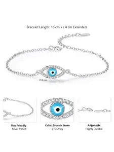 Peora Silver-Plated Cubic Zirconia Studded Evil Eye Adjustable Wraparound Bracelet
