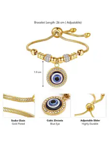 Peora Gold Plated Cubic Zirconia Studded Evil Eye Adjustable Wraparound Bracelet