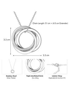 Peora Men Silver-Plated Stainless Steel Contemporary 3 Entangled Rings Pendant With Chain