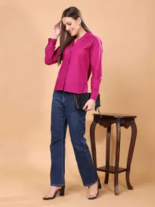 Cation Women Classic Fit Cuban Collar Solid Cotton Casual Shirt