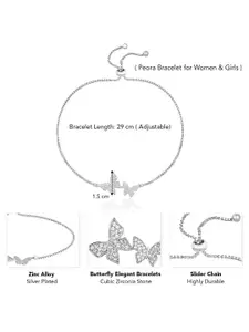 Peora Silver-Plated Cubic Zirconia Studded Butterfly Style Adjustable Wraparound Bracelet