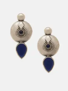 Priyaasi Silver-Plated Stone Studded Oxidised Contemporary Drop Earrings