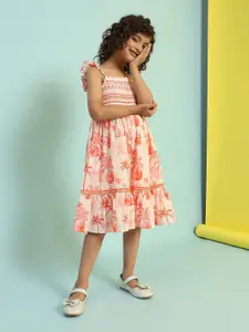 Biba Girls Tropical Printed Smocked Fit & Flare  Dress