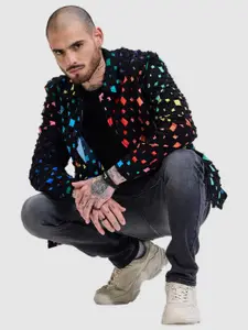 Snitch Men Spread Collar Geometric Printed Cotton Casual Tailored Jacket