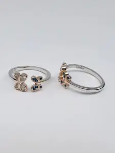 Arte Jewels Set Of 2 925 Sterling Silver Cubic Zirconia Studded Oxidised Toe Rings