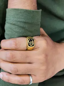 Saizen Men Stainless Steel Gold-Plated Stone Studded Om Shaped Finger Ring
