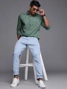 Louis Philippe Jeans Men Sage Green Slim Fit Printed Pure Cotton Casual Shirt