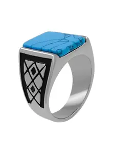 Saizen Men Elegant Stainless Steel Silver-Plated Onyx Stone & Crystal Studded Finger Ring