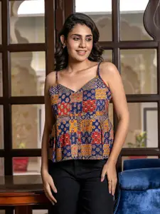 The Roadster Lifestyle Co Ethnic Printed Pure Cotton Sleeveless Peplum Crop Top