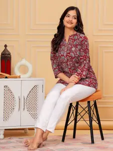 Jandir Fashion Floral Print Mandarin Collar Chiffon Top