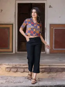 The Roadster Lifestyle Co Ethnic Printed Pure Cotton Short Sleeves Shirt Style Top