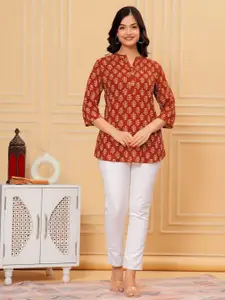 Jandir Fashion Floral Print Mandarin Collar Chiffon Top