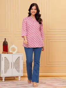 Jandir Fashion Floral Print Mandarin Collar Chiffon Top