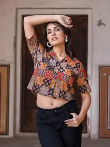 The Roadster Lifestyle Co Ethnic Printed Pure Cotton Cuban Collar Shirt Style Top