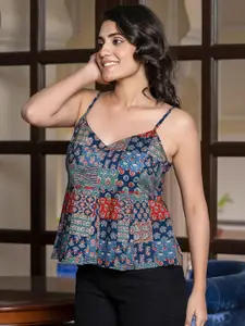 The Roadster Lifestyle Co Ethnic Printed Pure Cotton Sleeveless Peplum Crop Top