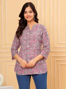 Jandir Fashion Floral Print Mandarin Collar Chiffon Top