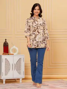 Jandir Fashion Floral Print Mandarin Collar Chiffon Top