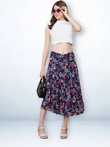 Jinfo Women Floral Printed Flared Midi Skirt With Attached Shorts