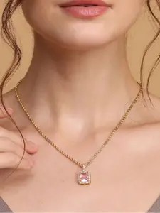 PALMONAS 18K Gold-Plated Emerald & Cubic Zirconia Studded Geometric Pendant With Chain