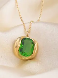 PALMONAS 18K Gold-Plated Emerald Studded Stainless Steel Pendant With Chain