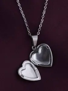 PALMONAS 18K Silver-Plated Stainless Steel Heart Locket Shaped Pendant With Chain