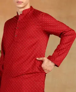 Anouk Red And White Geometric Printed Mandarin Collar Straight Kurta