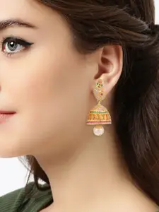 Peora Gold-Plated Artificial Stones Studded Pearls Beaded Contemporary Jhumkas Earrings