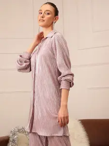 CORSICA Women Oversized Fit Spread Collar Solid Satin Party Shirt