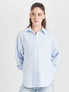 DeFacto Women Relaxed Fit Spread Collar Vertical Striped Cotton Casual Shirt