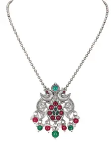 Anouk Green Silver-Plated Artificial Stones Studded & Beaded Peacock Pendants With Chains