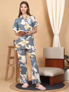 Sweet Dreams Women Floral Printed Shirt Collar Night suit