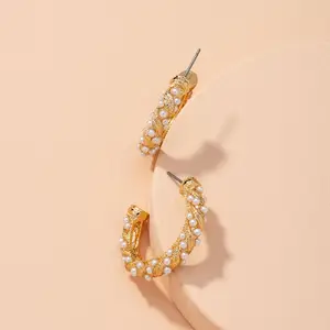 DIVASTRI Stainless Steel Pearls Beaded Contemporary Shaped Half Hoop Earrings