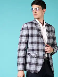 V-Mart Checked Cotton Notched Lapel Collar Single Breasted Formal Blazer