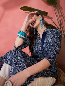 Sangria Blue Geometric Printed Mandarin Collar Pure Cotton Straight Kurta