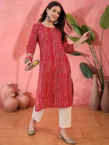 Sangria Red Bandhani Printed Round Neck Pure Cotton Straight Kurta