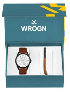 WROGN Men Analog Watch & Leather Bracelet Gift Set