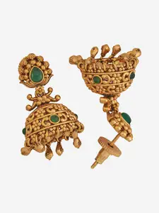 Kushal's Fashion Jewellery  Green Gold-Plated Dome Shaped Antique Jhumkas Earrings