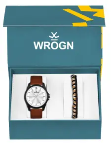WROGN Men Analog Watch & Leather Bracelet Gift Set
