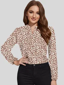 TOOCHKI Floral Print Mandarin Collar Puff Sleeve Shirt Style Top