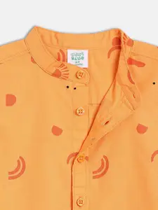 MINI KLUB Boys Conversational Printed Band Collar Pure Cotton Shirt With Shorts