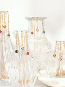 SALTY Vibrant Dark Yellow Crystal Stone Studded Aura Circular Shaped Pendant with Chain