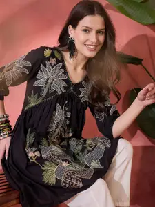 Sangria Empire V-Neck Floral Embroidered Pure Cotton A-Line Kurta