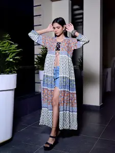 SUFIZA LIFESTYLE Floral Printed Longline Tie-Up Shrug