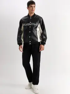 DeFacto Men Mandarin Collar Solid Casual Leather Jacket