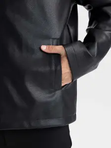 DeFacto Men Mandarin Collar Solid Casual Leather Jacket