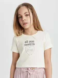 DeFacto Girls Typography Printed Pure Cotton T-shirt With Trousers