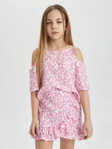 DeFacto Girls Floral Printed Off-Shoulder Top With Shorts