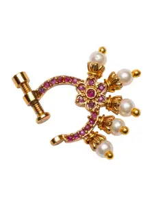 PANASH Gold-Plated American Diamond Studded & Beaded Ring Nosepin