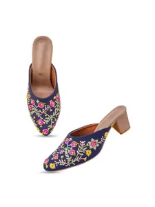 DressBerry Women Pointed Toe Ethnic Woven Design Block Heel Mules