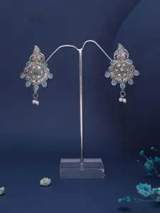 DIVASTRI Silver-Plated Stones Studded And Beaded Oxidised Contemporary Drop Earrings